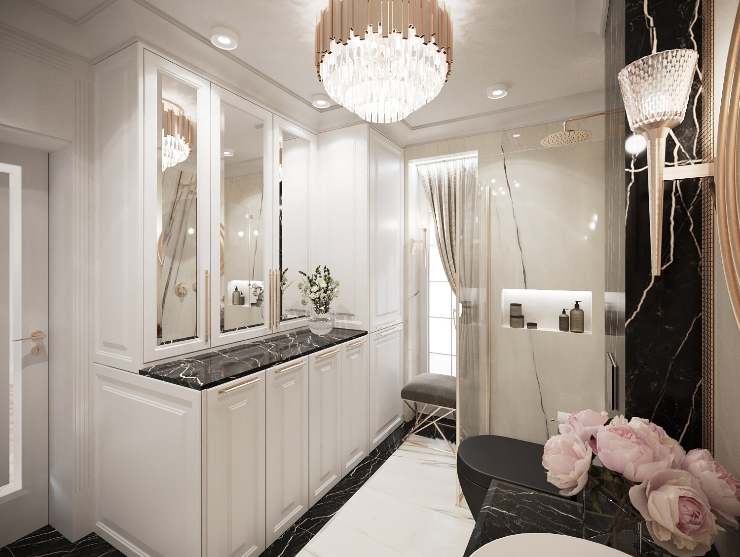 Elegancka łazienka z białymi szafkami, czarnym marmurowym blatem, kryształowym żyrandolem i akcentami w kolorze złota, uzupełniona bukietem różowych piwonii.