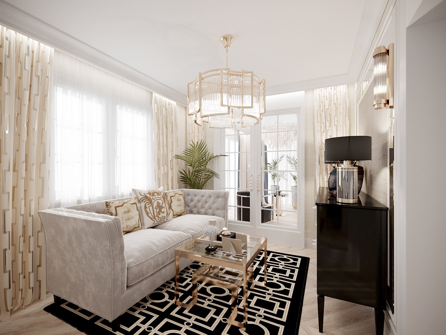 Elegancki salon w odcieniach beżu i czerni z narożną sofą, szklanym stolikiem kawowym na geometrycznym dywanie oraz czarną komodą z lampką, doświetlony ozdobnym żyrandolem i kinkietami.