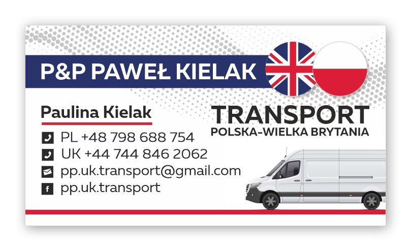 Wizytówka firmy transportowej P&P Paweł Kielak, oferującej transport między Polską a Wielką Brytanią, z ilustracją białego busa i flagami obu krajów.