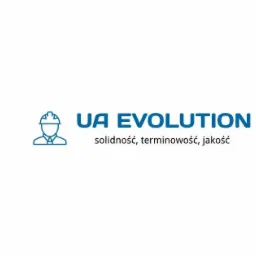 Niebieskie logo firmy UA Evolution z ikoną osoby w kasku, podkreślające solidność, terminowość i jakość usług.