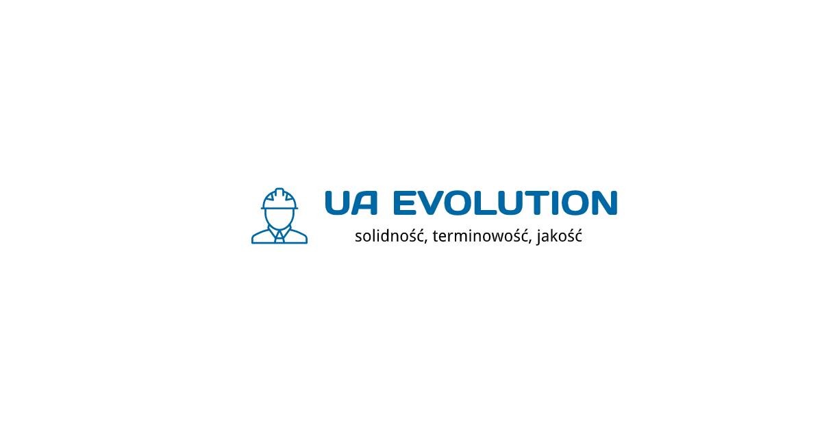 Niebieskie logo firmy UA Evolution z ikoną osoby w kasku, podkreślające solidność, terminowość i jakość usług.