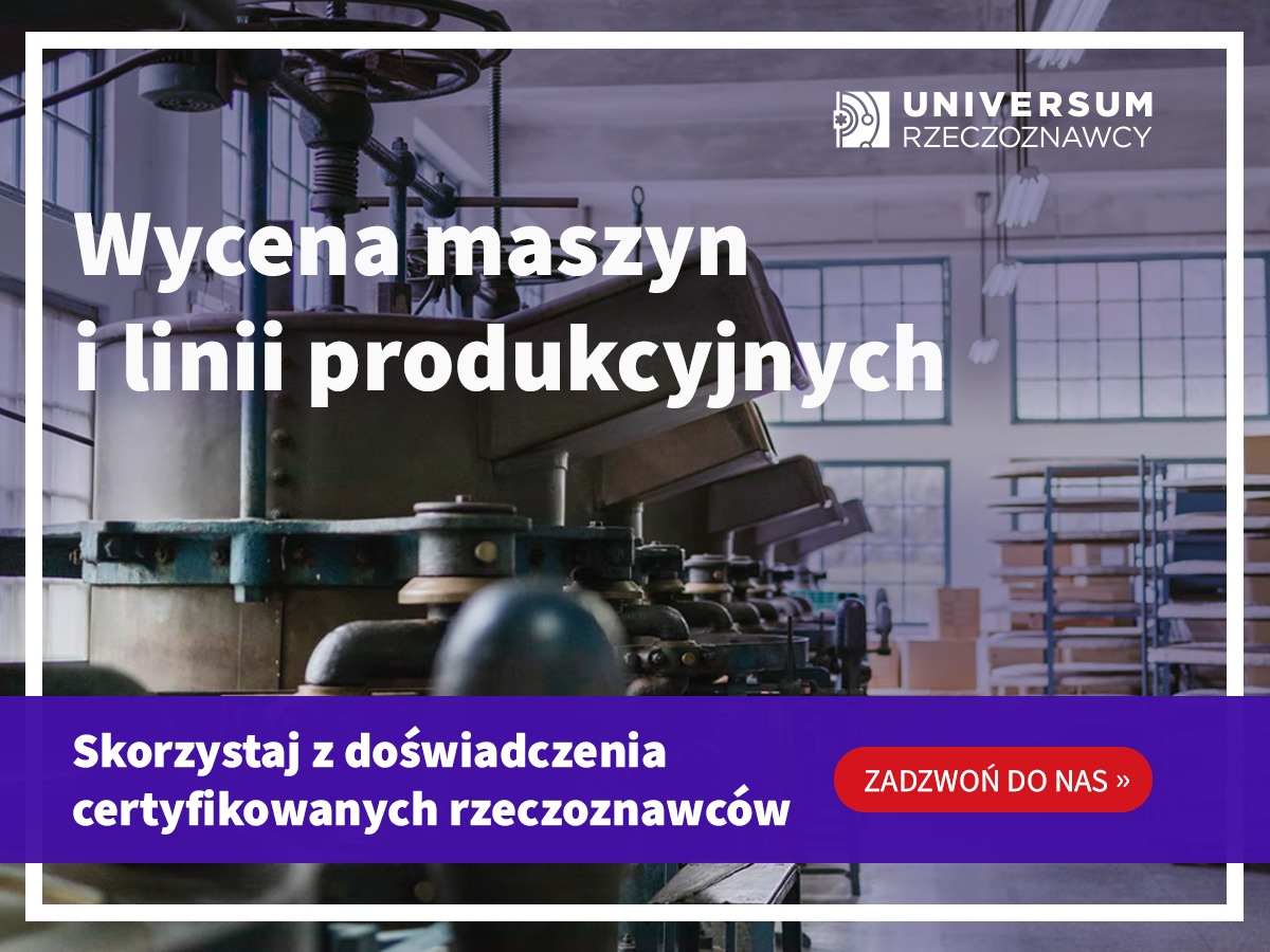 Wycena maszyn i linii produkcyjnych, widok na fragment starej maszyny przemysłowej z rzędem okien i regałów w tle, firmowe logo w górnym rogu.