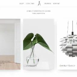 Fragment strony internetowej z minimalistycznym designem, prezentujący trzy grafiki: otwarte białe drzwi, wazon z zielonym liściem i nowoczesną lampę wiszącą.