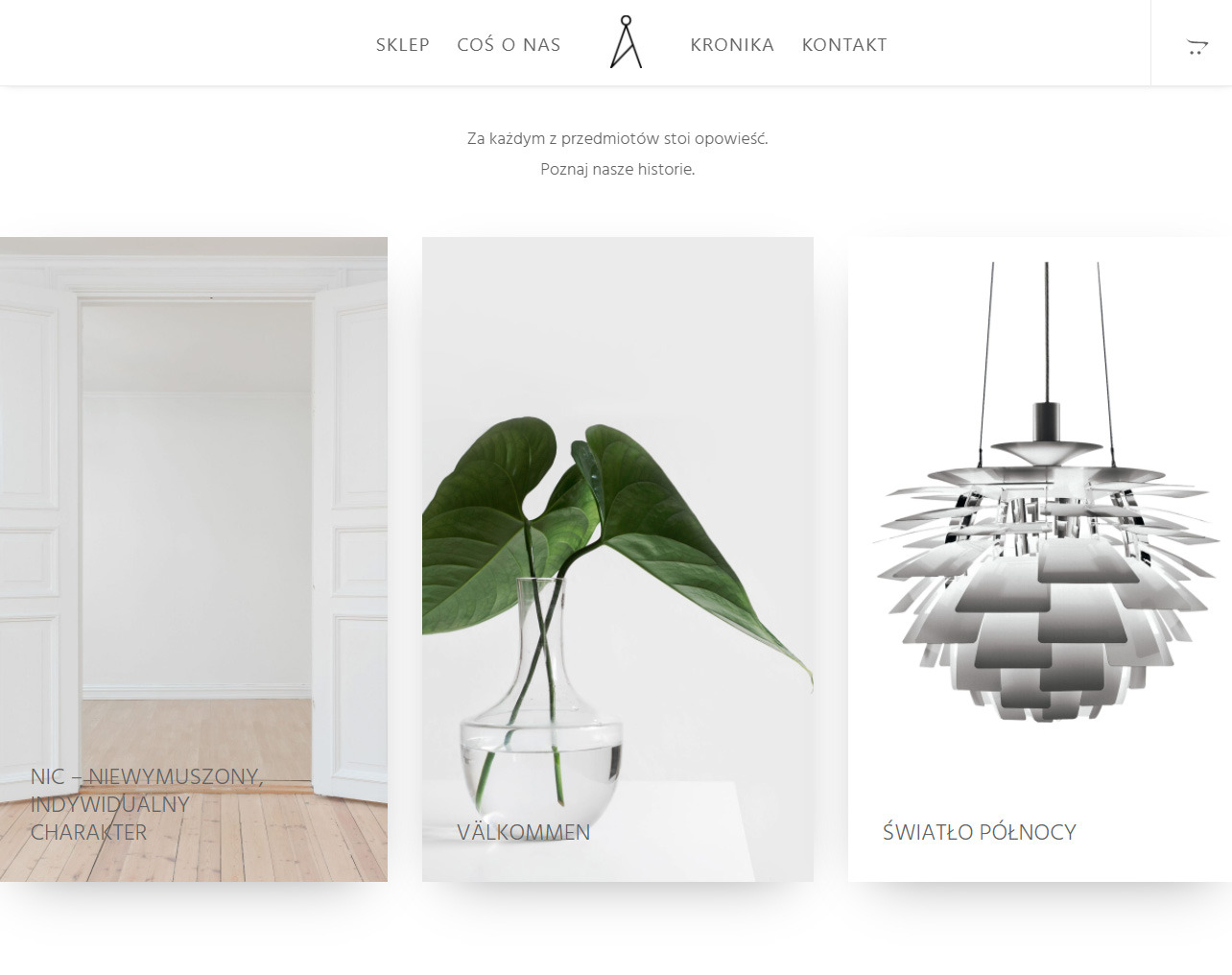 Fragment strony internetowej z minimalistycznym designem, prezentujący trzy grafiki: otwarte białe drzwi, wazon z zielonym liściem i nowoczesną lampę wiszącą.
