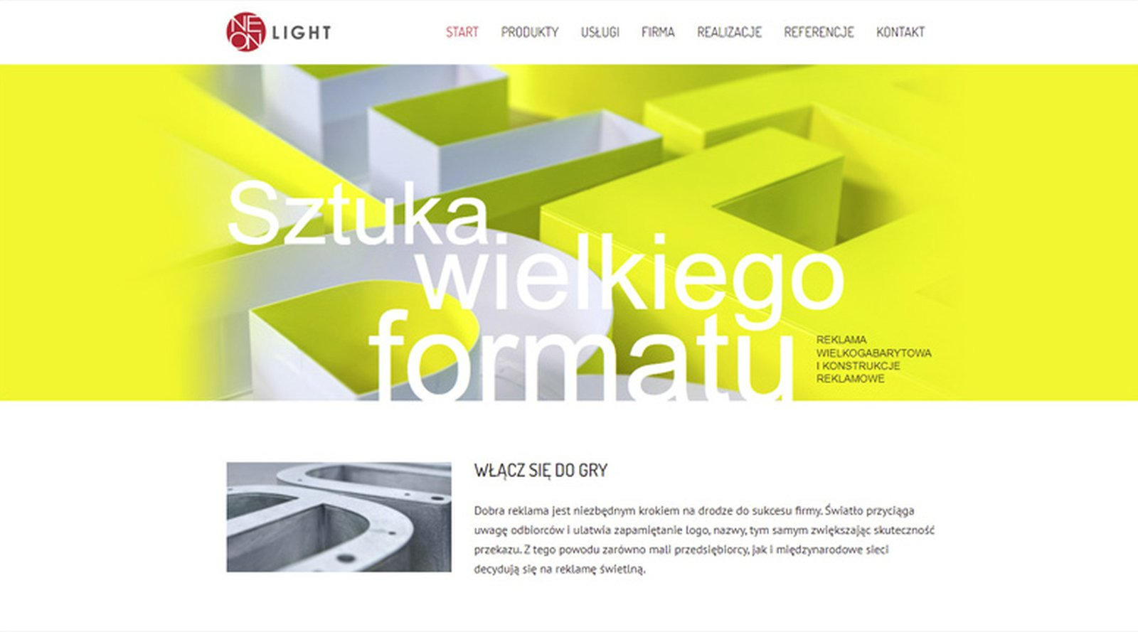 Fragment strony internetowej z neonowo-żółtymi elementami graficznymi, białymi napisami 'Sztuka wielkiego formatu' i menu nawigacyjnym u góry.