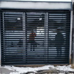 Zewnętrzna, metalowa roleta okienna w kolorze grafitowym, zamontowana w surowym stanie, widoczne niedokończone ocieplenie budynku i śnieg na parapecie.