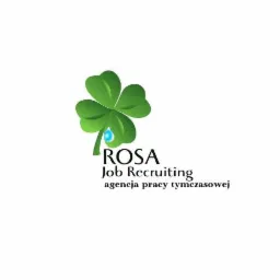 Logo firmy ROSA Job Recruiting z zieloną koniczyną i kroplą wody, agencja pracy tymczasowej.