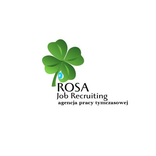 Logo firmy ROSA Job Recruiting z zieloną koniczyną i kroplą wody, agencja pracy tymczasowej.