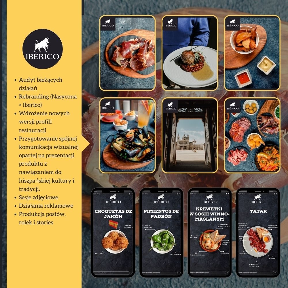 Prezentacja wizualna marki Ibérico: kolaż zdjęć dań, produktów i wnętrz restauracji, w tym jamón, owoce morza, papryczki padrón, krewetki w sosie winno-maślanym, tatar oraz widok na budynek...