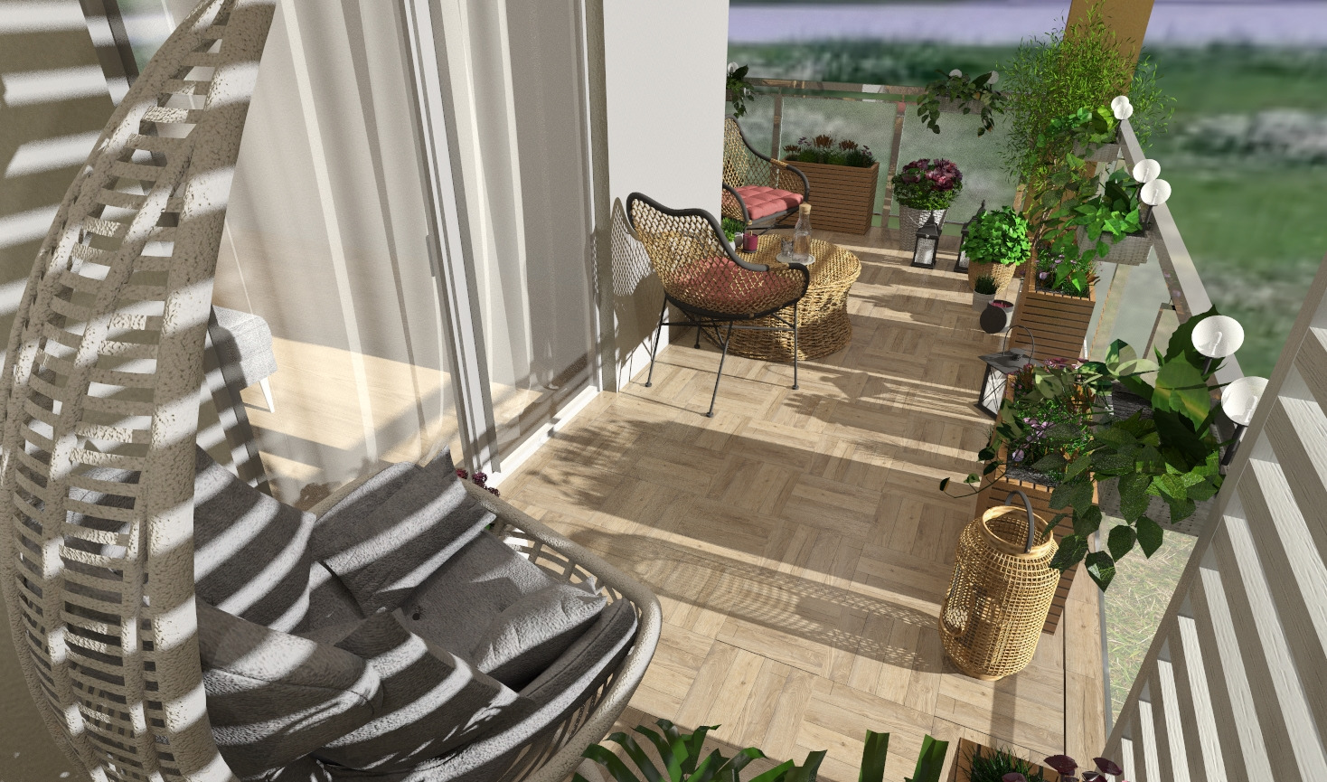 Aranżacja balkonu z wiklinowym fotelem wiszącym, plecionym stolikiem, krzesłem z metalową ramą i dużą ilością roślin w donicach, tworząca przytulną strefę relaksu.