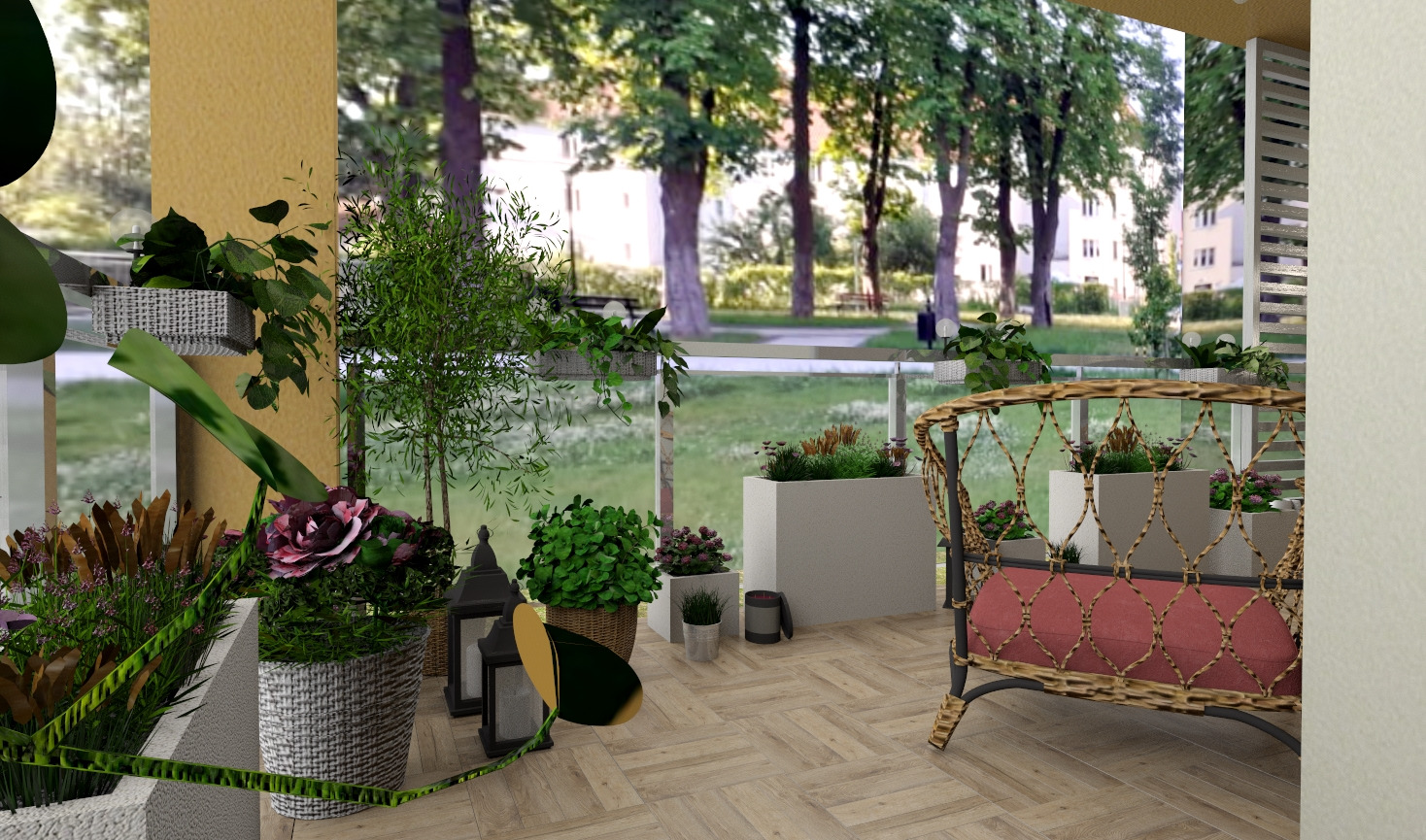 Zadaszony balkon z drewnianą podłogą, rattanowym fotelem z czerwoną poduszką i licznymi roślinami w donicach, widok na park.