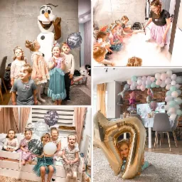 Kolaż zdjęć z urodzin dziecka w Poznaniu: dzieci w kostiumach, dekoracje balonowe, postać Olafa z Krainy Lodu i pokaz z dymem.
