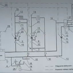 Schemat instalacji grzewczej z kotłem De Dietrich, przedstawiający połączenia elektryczne i przewody niskiego napięcia. Widoczne pompy, zawory i inne elementy.