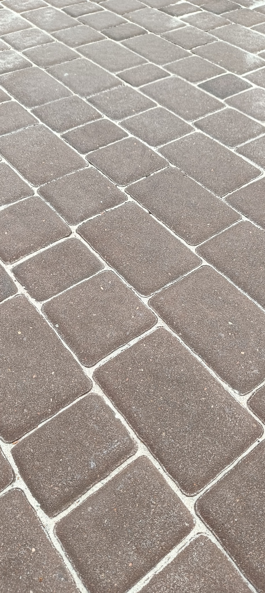 Ułożona brązowa kostka brukowa z jasnymi fugami, widok z góry pod kątem, lekko wilgotna powierzchnia.