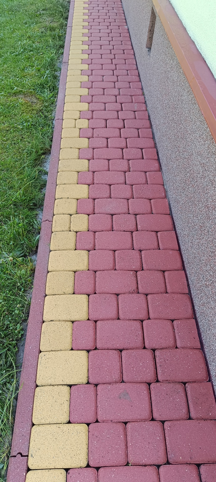 Ułożona kostka brukowa w kolorze czerwonym i żółtym, tworząca ścieżkę w Lublinie, przylegająca do trawnika i ściany budynku z widocznym parapetem.