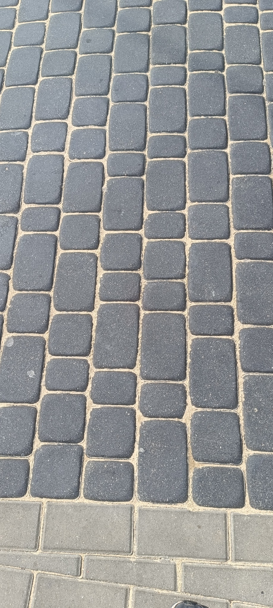 Ułożona, szara kostka brukowa o nieregularnych kształtach, wypełniona piaskiem. Widok z góry, oświetlenie dzienne.