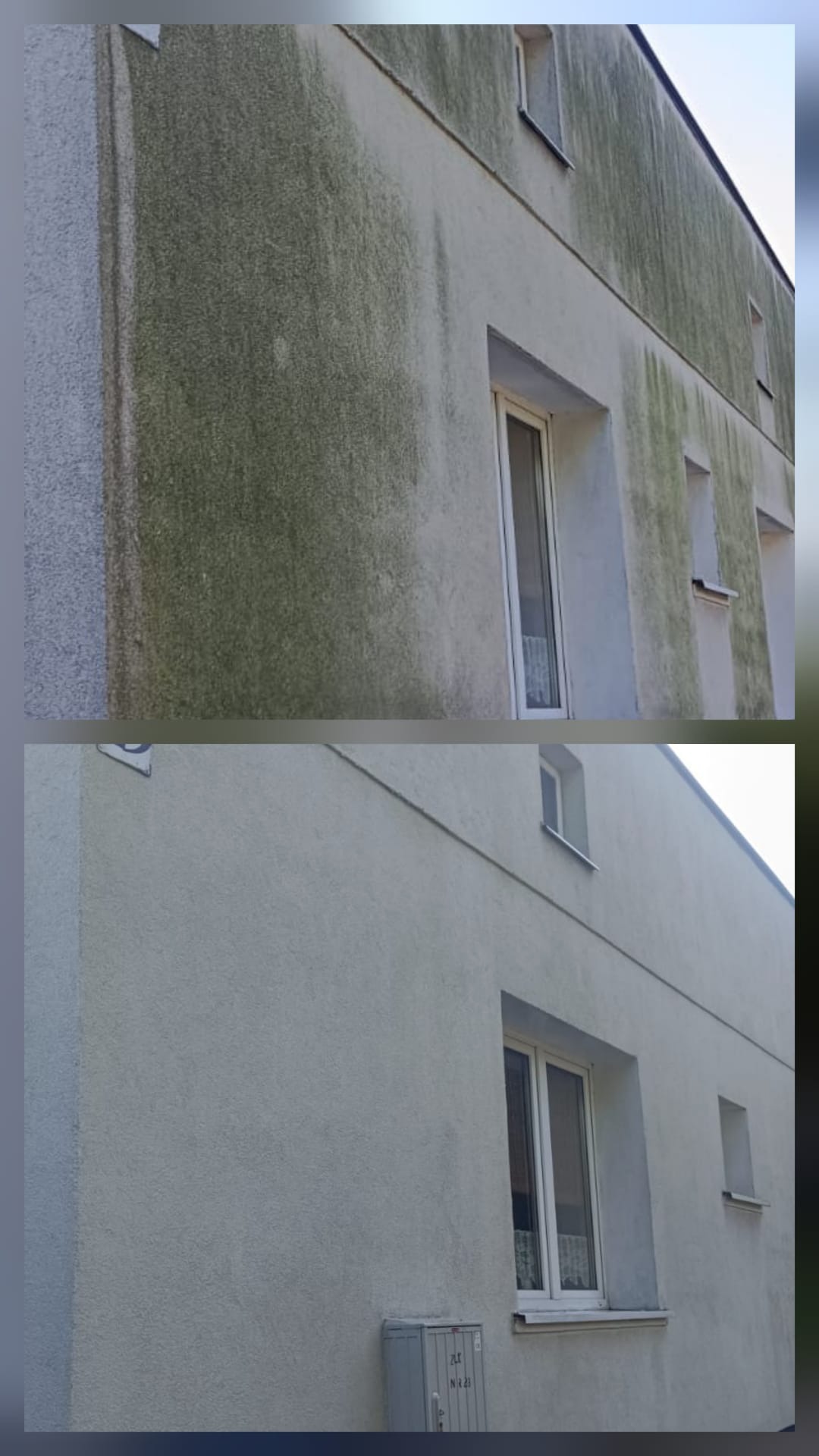 Zdjęcie elewacji budynku przed i po czyszczeniu, ukazujące znaczną różnicę w wyglądzie. Zielone zabrudzenia usunięte, odsłaniając czystą, jasną powierzchnię.