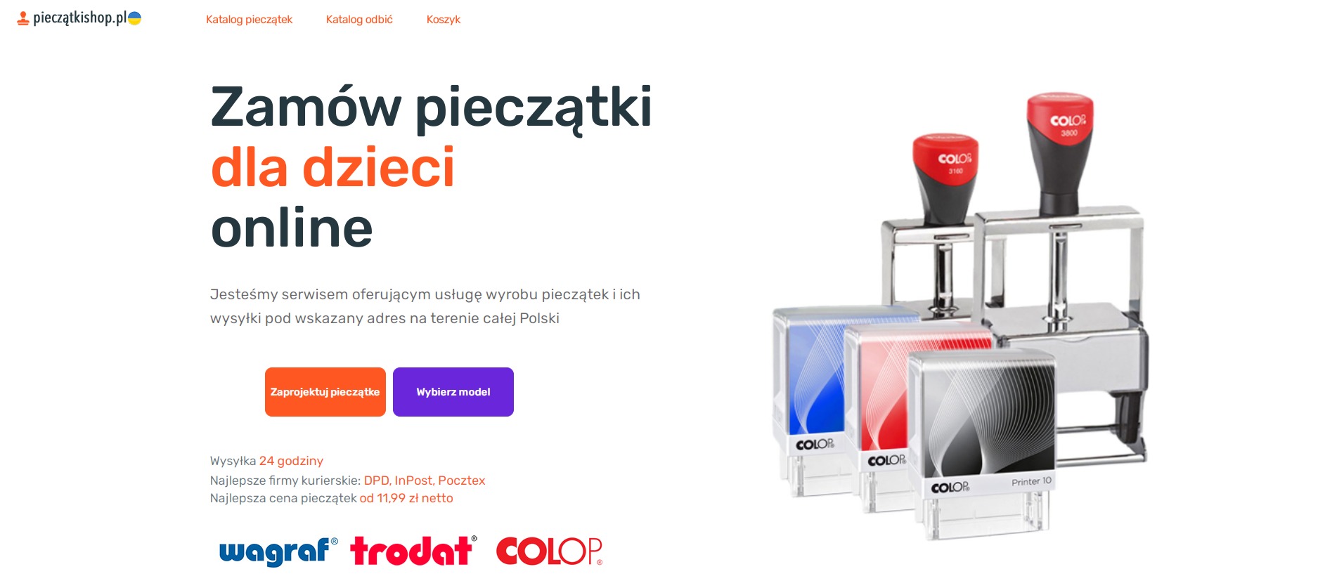 Strona internetowa z ofertą personalizowanych pieczątek dla dzieci, prezentująca trzy modele pieczątek marki COLOP w kolorach niebieskim, czerwonym i szarym, z hasłem reklamowym 'Zamów pieczątki...