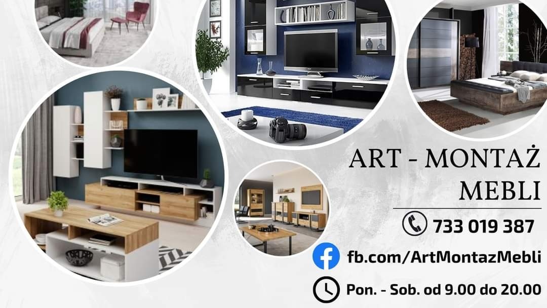Kompozycja wizualna prezentująca aranżacje wnętrz z meblami, w tym szafy, komody i łóżka, z logo firmy 'Art-Montaż Mebli' oraz danymi kontaktowymi.