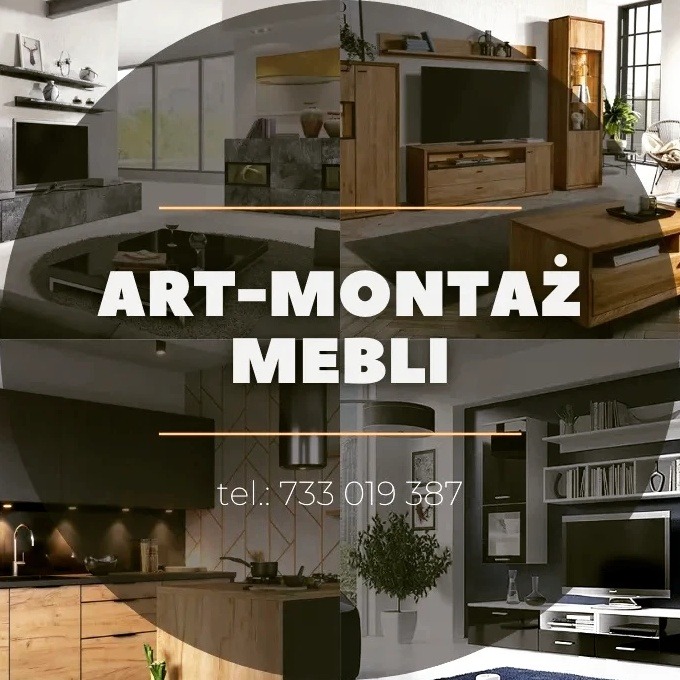Kompozycja dwóch aranżacji wnętrz: nowoczesny salon z drewnianymi meblami i minimalistyczna kuchnia z wyspą, nakładające się na napis 'ART-MONTAŻ MEBLI' i numer telefonu.