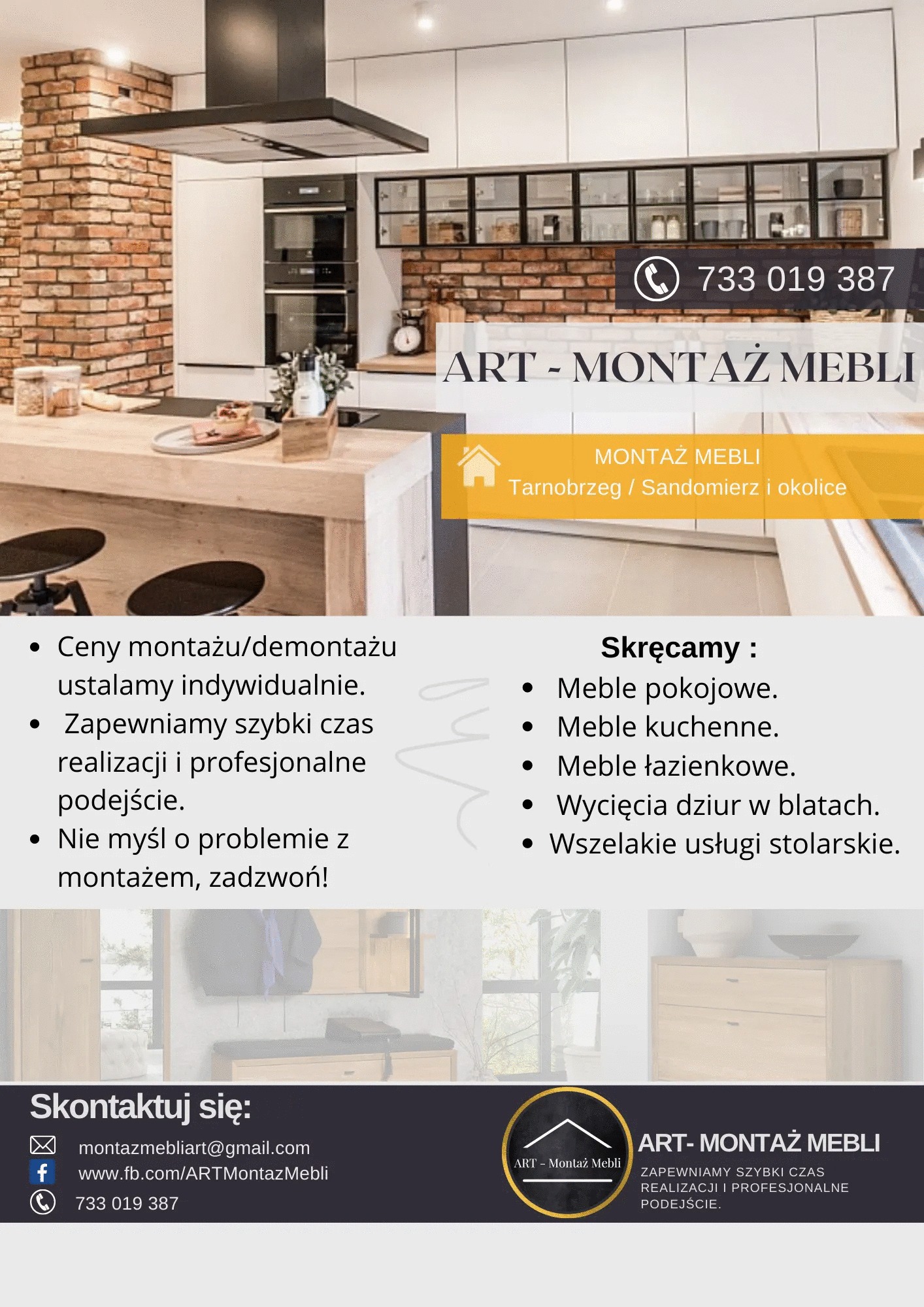 Zdjęcie prezentuje aranżację kuchni z elementami cegły na ścianie, drewnianym blatem i białymi szafkami. Nad blatem wisi czarny okap, a na blacie znajdują się dekoracje. W tle widoczny jest napis...