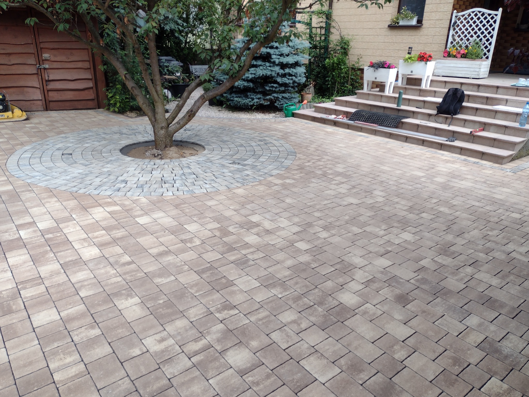 Ułożona beżowa kostka brukowa na podjeździe z okrągłym wzorem wokół drzewa. Widoczne schody prowadzące do domu z donicami i narzędziami.
