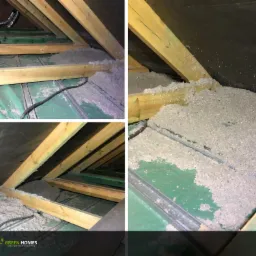 Cztery ujęcia ocieplenia poddasza wełną celulozową między drewnianymi krokwiami, widoczna folia paroizolacyjna i metalowe profile, w tle fragment wentylacji.