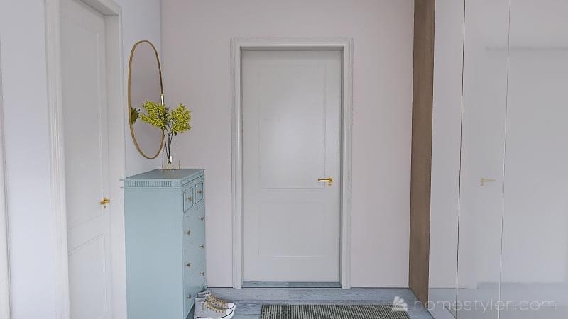 Jasne wnętrze przedpokoju z białymi drzwiami, turkusową komodą z lustrem i bukietem żółtych kwiatów, oraz szarym dywanikiem i butami na podłodze.