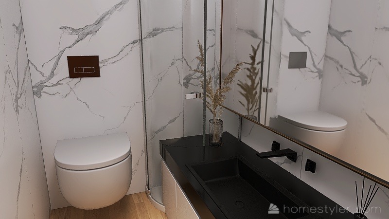 Nowoczesna łazienka z toaletą podwieszaną, umywalką wpuszczaną w czarny blat i kabiną prysznicową, wykończona marmurowymi płytkami.