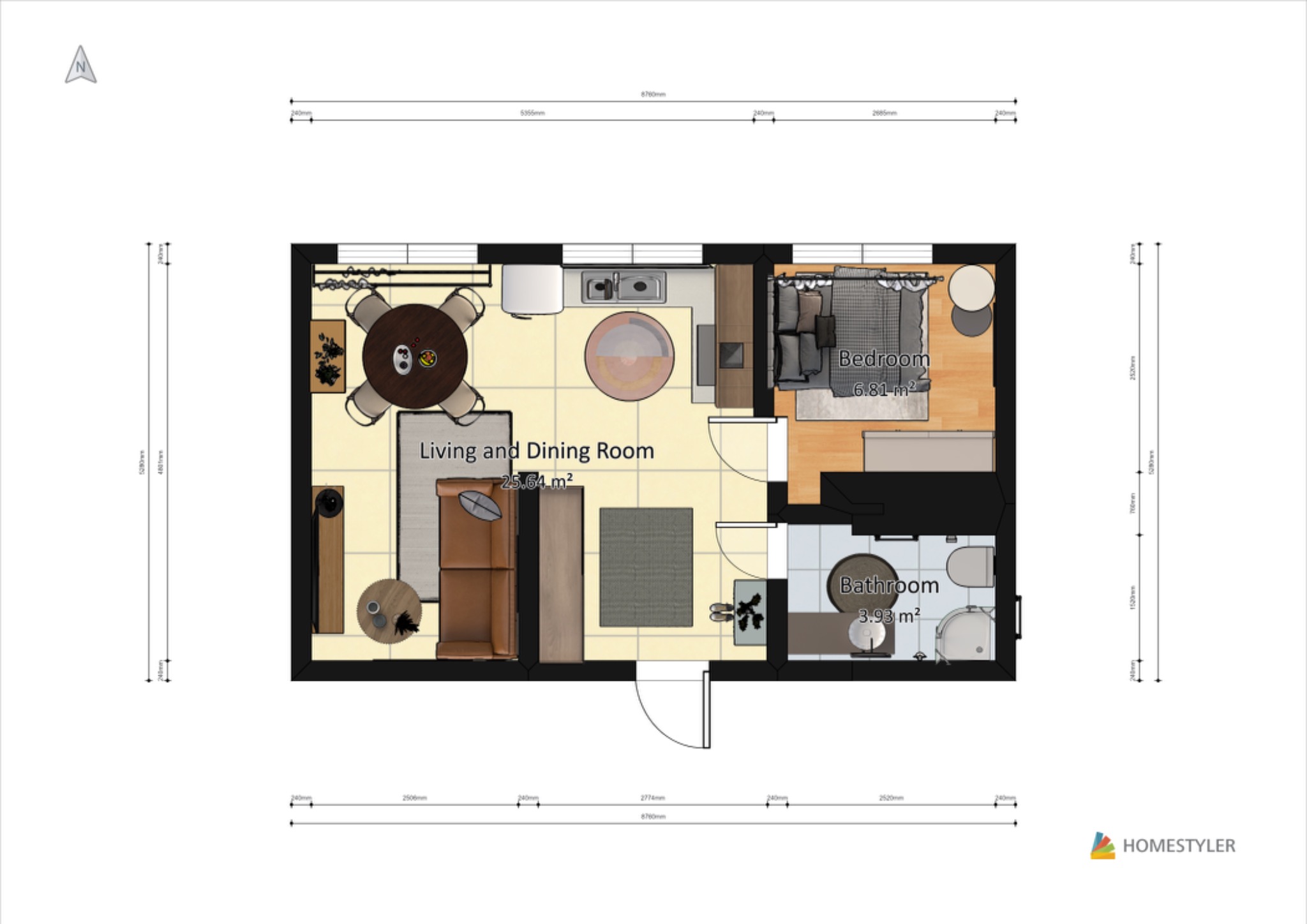 Rzut z góry mieszkania z wymiarami, pokazujący salon z jadalnią, sypialnię i łazienkę, z użyciem programu Homestyler.