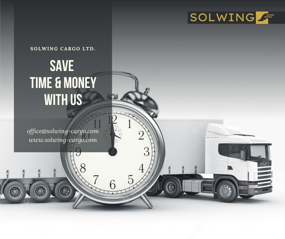 Grafika reklamowa firmy transportowej Solwing Cargo Ltd. z białym samochodem ciężarowym na tle, z dużym zegarem na pierwszym planie i hasłem 'Save Time & Money With Us'.