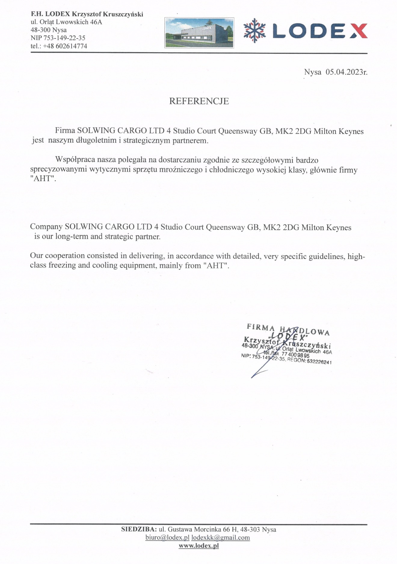 Skan dokumentu referencyjnego dla firmy Lodex, potwierdzający współpracę w dostarczaniu sprzętu mroźniczego i chłodniczego dla firmy Solwing Cargo LTD.