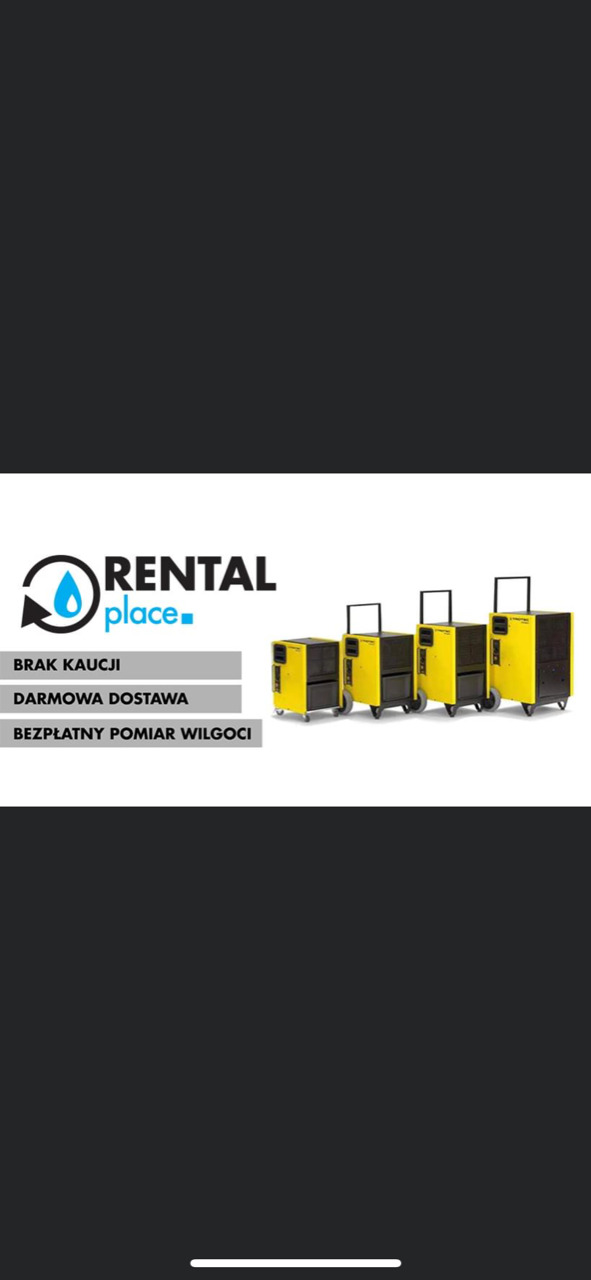 Cztery żółte osuszacze powietrza marki Trotec ustawione obok siebie, reklama Rental Place z informacją o braku kaucji, darmowej dostawie i bezpłatnym pomiarze wilgoci.