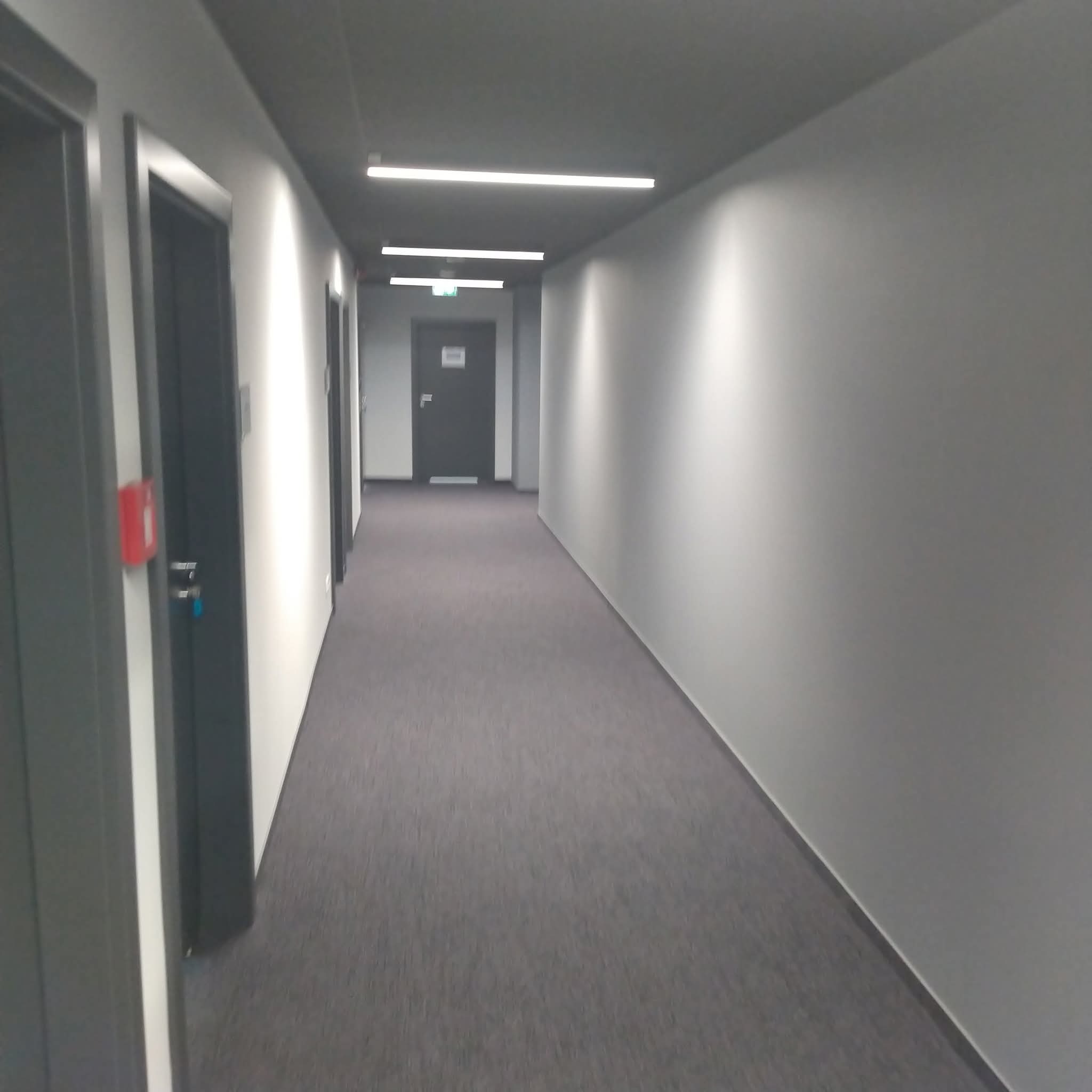 Długi, szary korytarz biurowy z rzędem drzwi po lewej stronie i oświetleniem LED na suficie. Widok perspektywiczny w głąb korytarza.