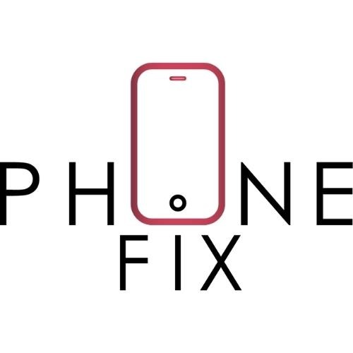 Logo firmy Phone Fix z ikoną smartfona w kolorze bordowym umieszczoną pomiędzy napisem PHONE a FIX. Ikonka smartfona jest bez wypełnienia, z zaznaczonym głośnikiem i przyciskiem home.