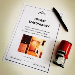 Operat szacunkowy nieruchomości z Ustrzyk Dolnych, datowany na 27 lutego 2022, z dołączonym zdjęciem kuchni, leżący obok czarnego długopisu i czerwonego stempla.