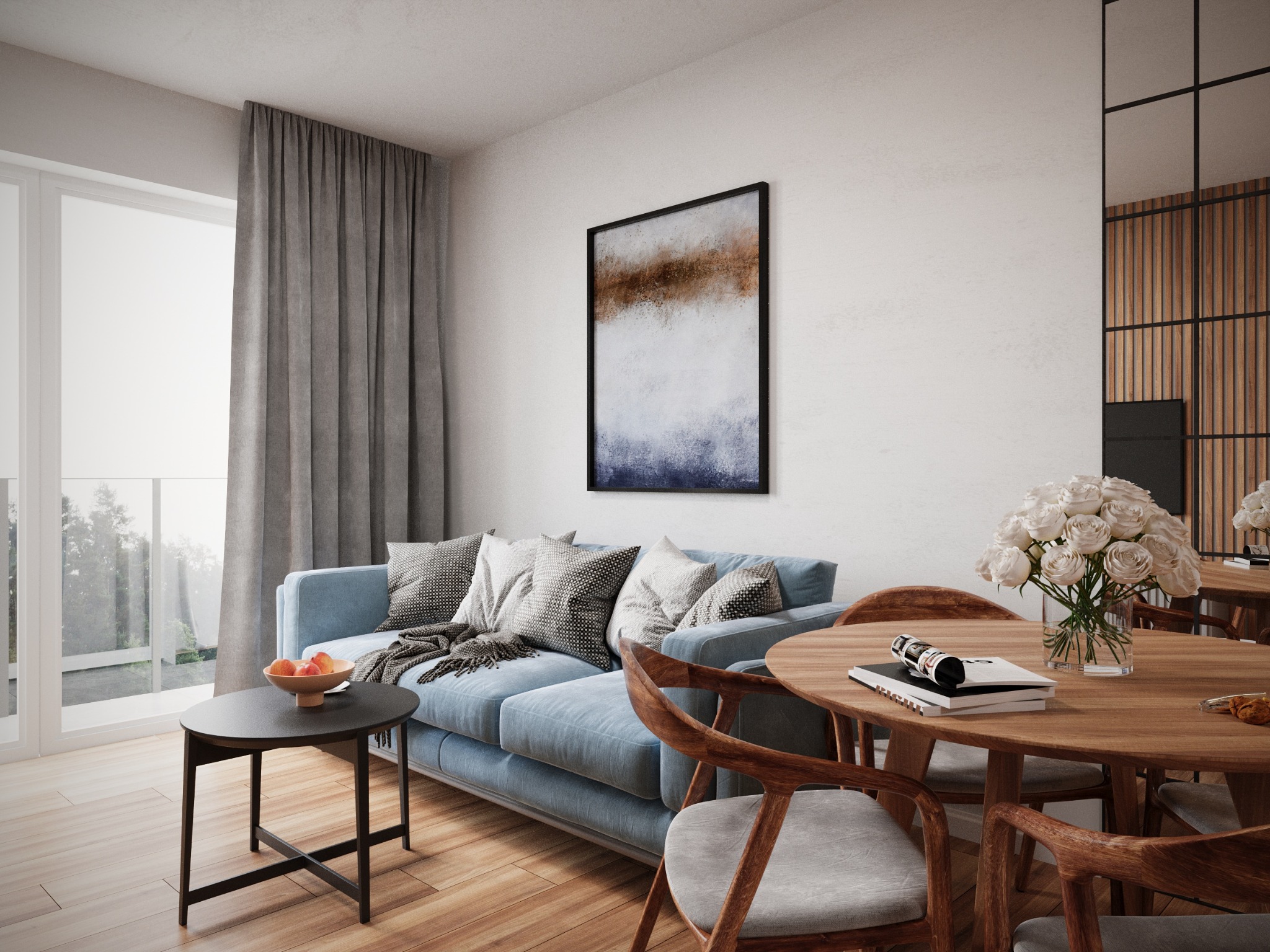 Jasne mieszkanie z błękitną sofą, drewnianym stołem jadalnym z bukietem białych róż i abstrakcyjnym obrazem na ścianie.