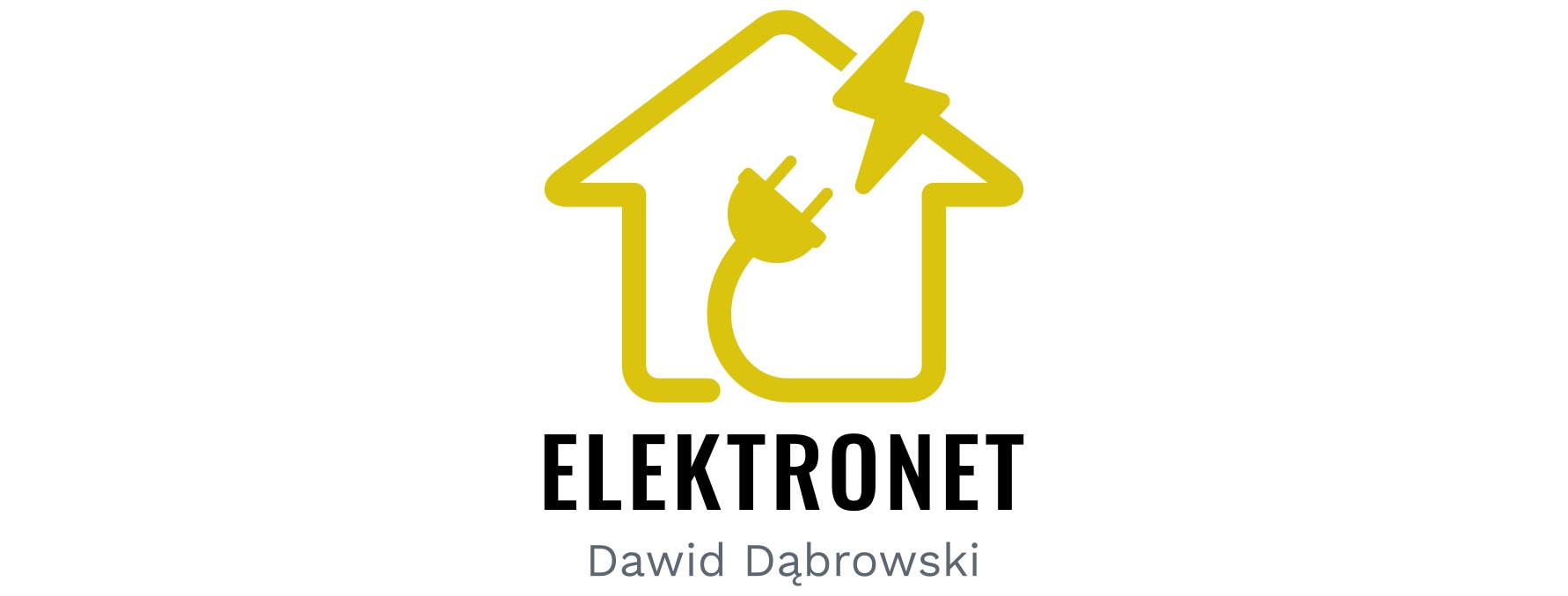 Żółte logo firmy ELEKTRONET Dawid Dąbrowski przedstawiające schematycznie dom z wtyczką i błyskawicą.