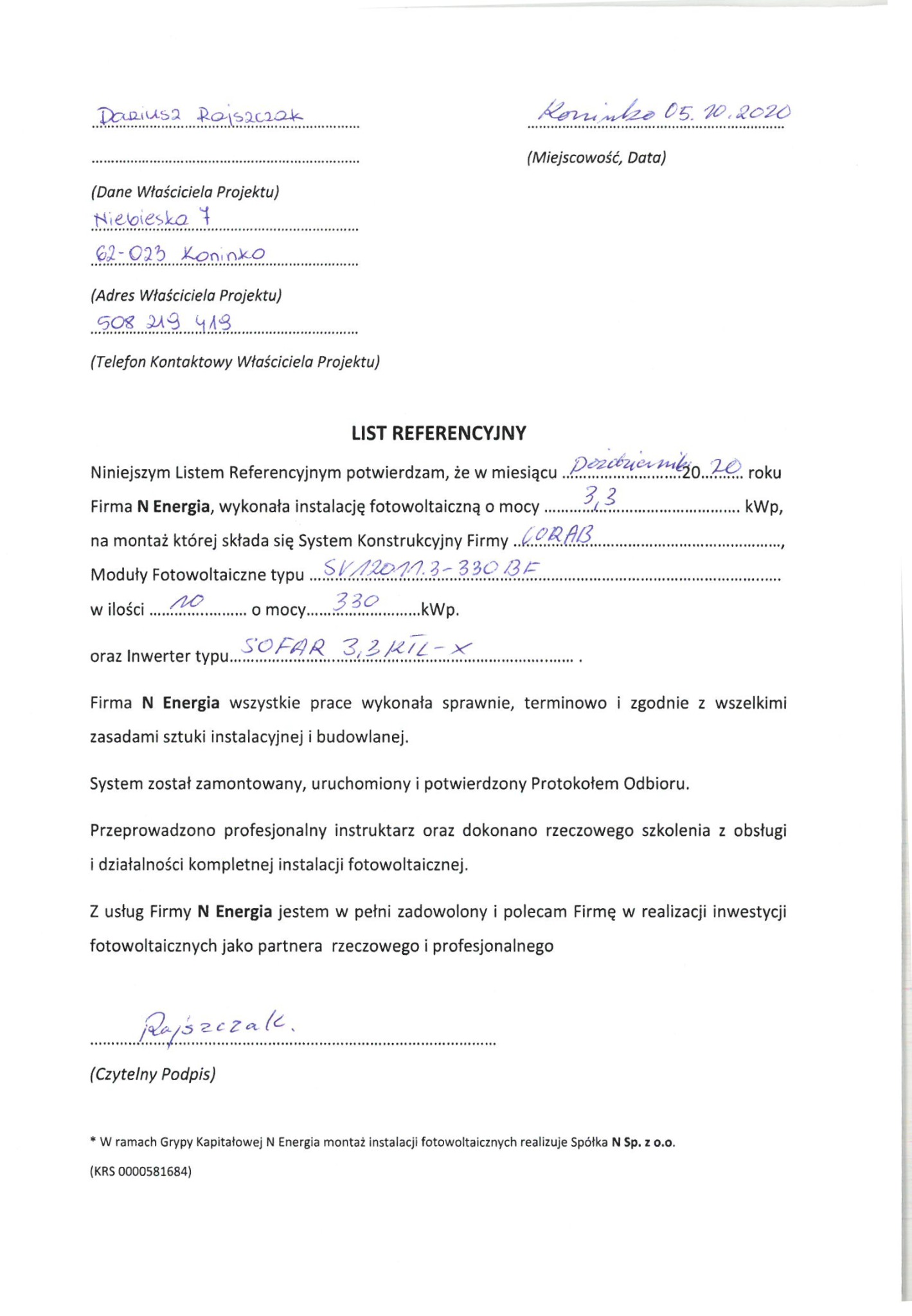 Skan listu referencyjnego dla firmy N Energia, potwierdzający wykonanie instalacji fotowoltaicznej o mocy 3,3 kWp, z wyszczególnieniem użytych komponentów: moduły fotowoltaiczne SV12011.3-330 BF...