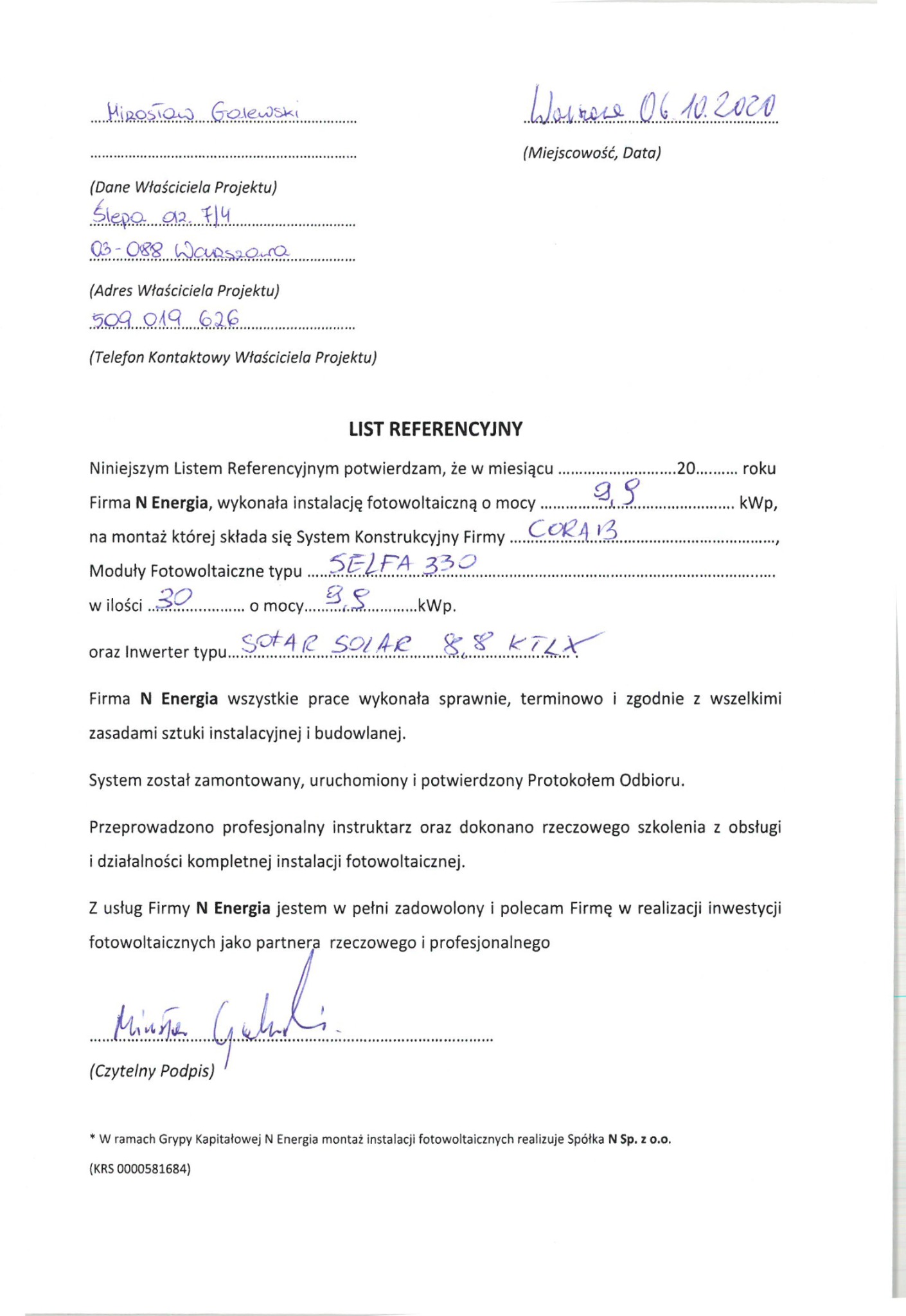 Skan listu referencyjnego dla firmy N Energia, potwierdzający wykonanie instalacji fotowoltaicznej z wykorzystaniem modułów SELFA 330 i inwertera SOFAR SOLAR 88 KTLX.