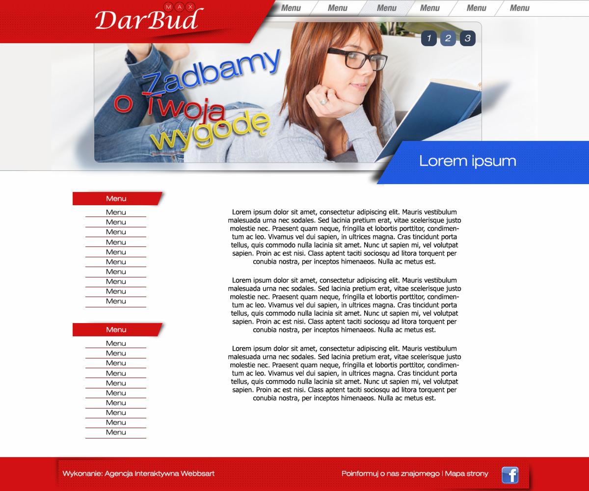 Layout strony internetowej z nagłówkiem 'DarBud' i hasłem 'Zadbamy o Twoją wygodę', po prawej stronie zdjęcie kobiety w okularach przeglądającej tablet, poniżej bloki tekstu 'Lorem ipsum'.