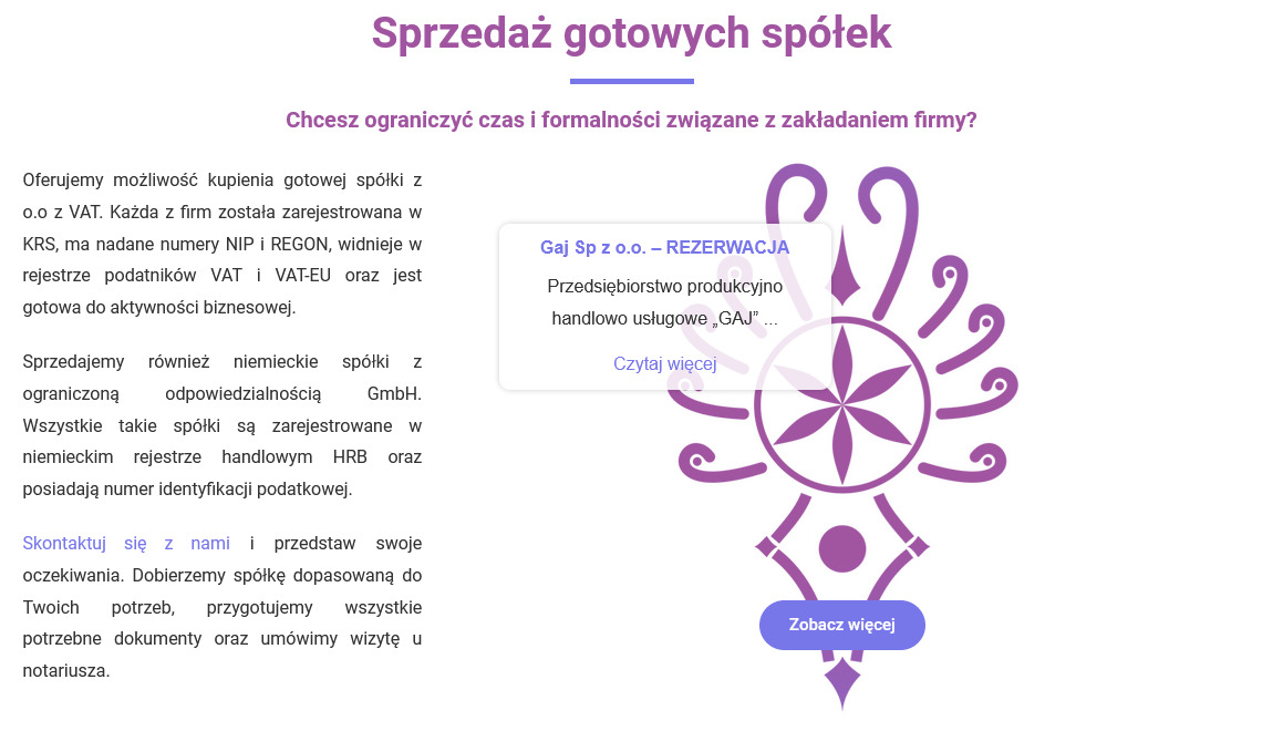 Grafika reklamowa sprzedaży gotowych spółek z o.o. z VAT, zarejestrowanych w KRS i niemieckim rejestrze handlowym HRB, z możliwością zakupu i rezerwacji, z wezwaniem do kontaktu.