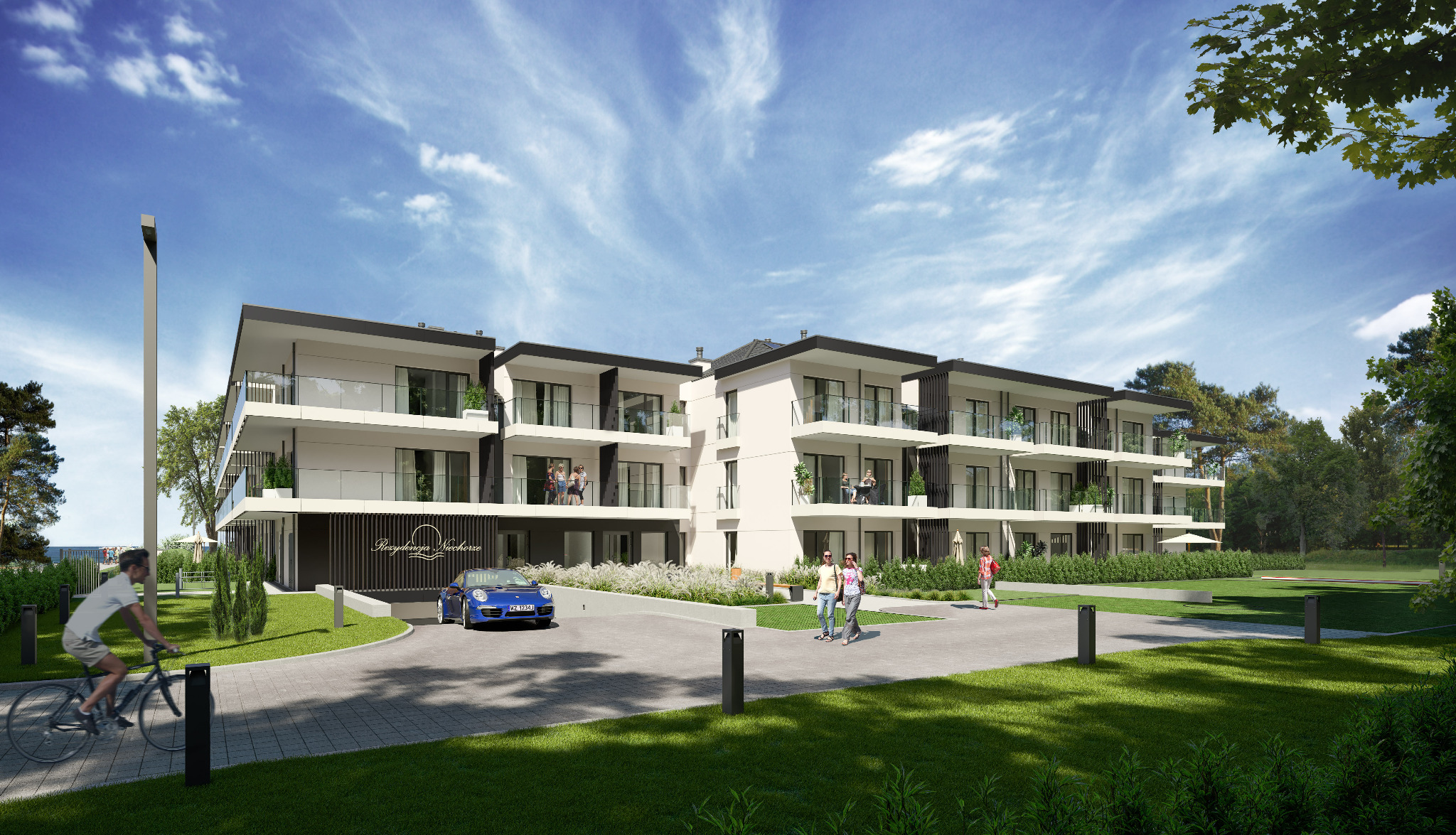 Wizualizacja nowoczesnego apartamentowca z balkonami, błękitnym Porsche i osobą na rowerze na tle zielonego trawnika i błękitnego nieba z obłokami.