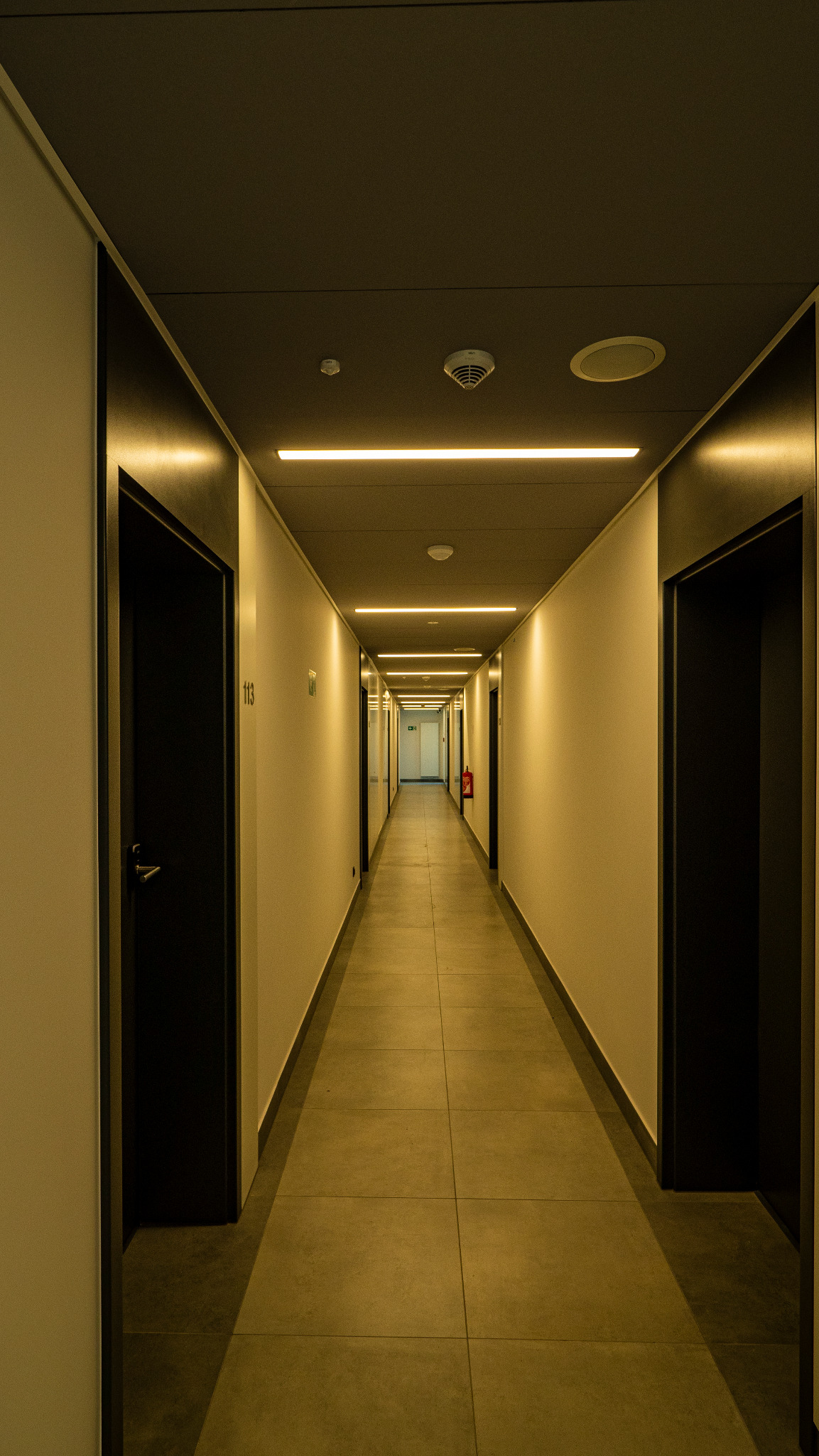 Długi korytarz w budynku z ciemnymi drzwiami, oświetlony liniowymi lampami LED na suficie i płytkami podłogowymi w odcieniach szarości, z widocznym numerem pokoju 113 i gaśnicą w oddali.