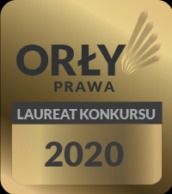 Złota plakietka 'Orły Prawa' z napisem 'Laureat Konkursu 2020', na czarnym tle.