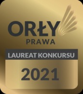 Złota plakietka 'Orły Prawa - Laureat Konkursu 2021' na ciemnym tle.