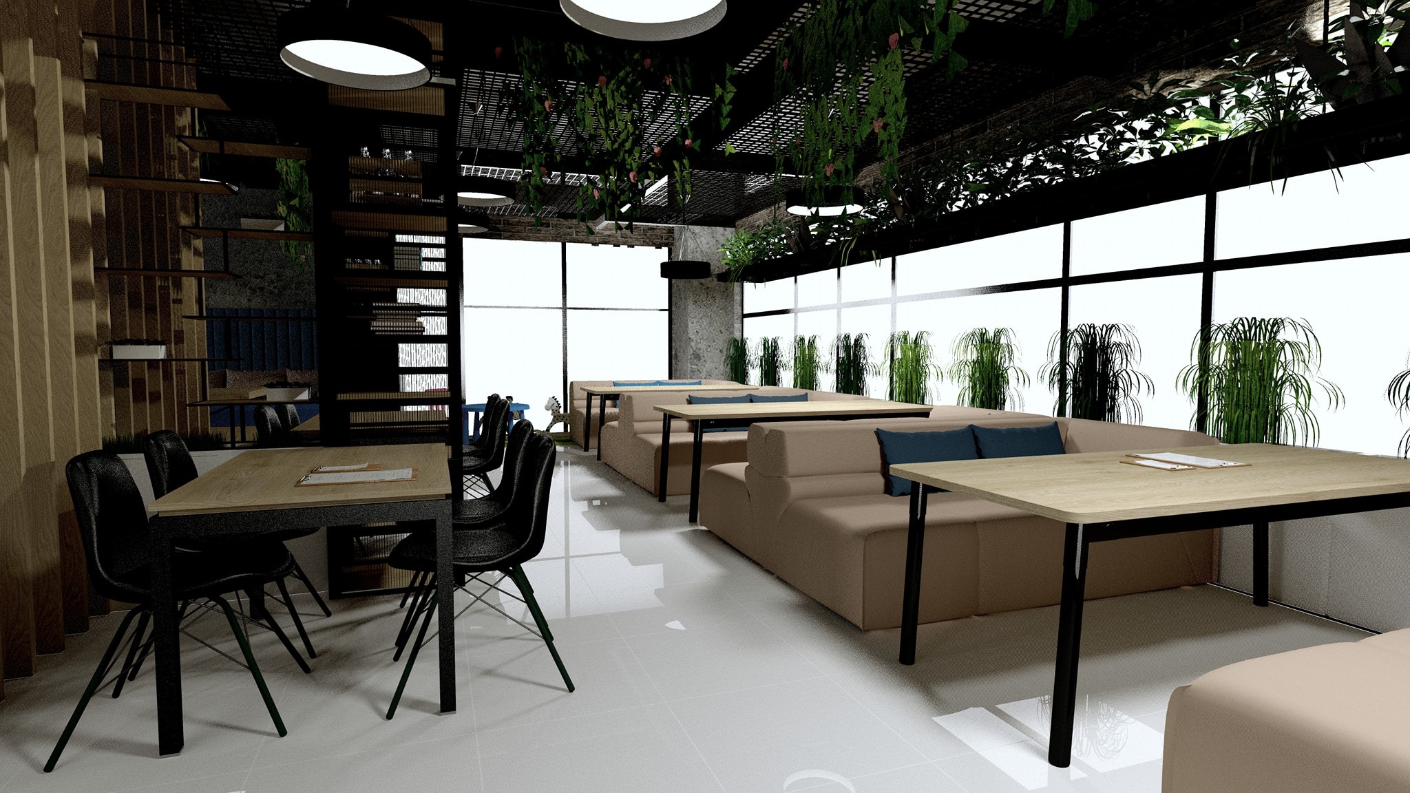 Wizualizacja wnętrza kawiarni z sofami w kolorze beżowym, drewnianymi stolikami z czarnymi nogami, czarnymi krzesłami i roślinami zwisającymi z sufitu oraz dużymi oknami.