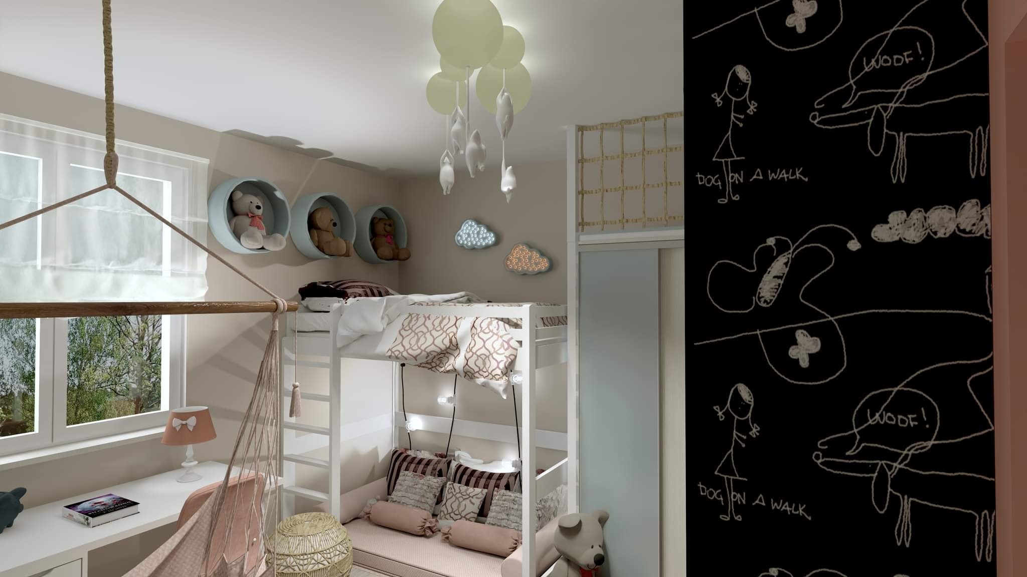 Pokój dziecięcy z łóżkiem piętrowym, biurkiem z huśtawką hamakową, okrągłymi półkami z pluszakami, lampą w kształcie chmurki i ścianą z rysunkami kredą.