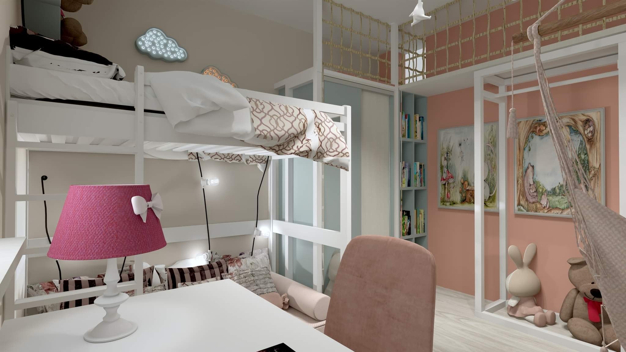 Pokój dziecięcy z łóżkiem piętrowym, biurkiem z różową lampką, hamakiem i półkami na książki, utrzymany w pastelowych kolorach.