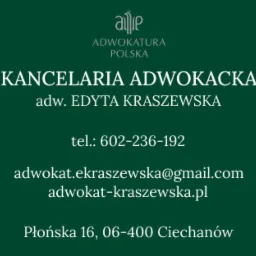 Zielone tło z białym tekstem informującym o Kancelarii Adwokackiej adw. Edyty Kraszewskiej, adres Płońska 16, Ciechanów, numer telefonu i adres e-mail